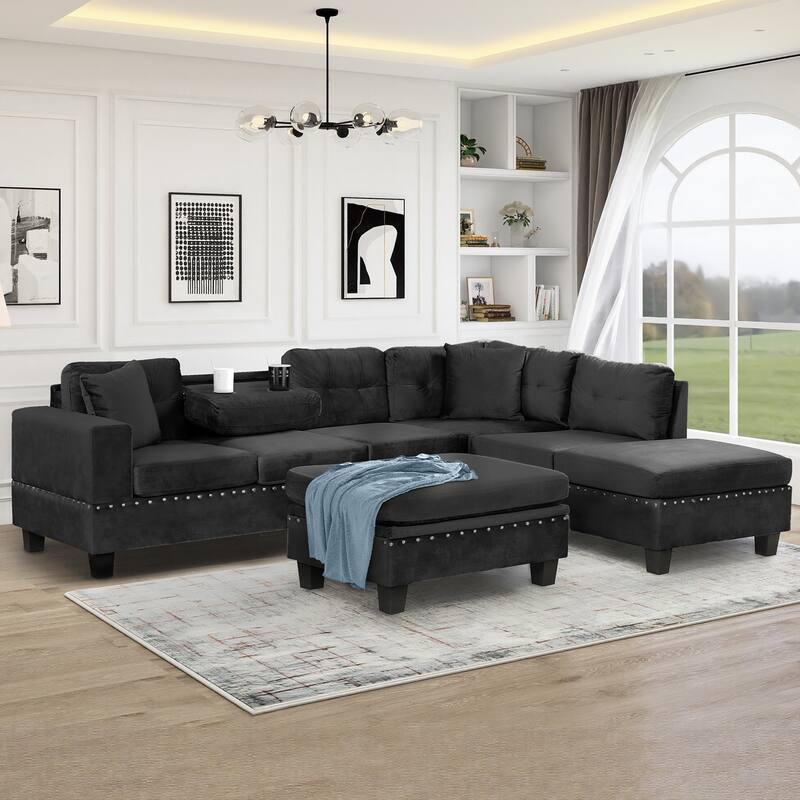105" L-Shape Sofa with Storage Ottoman, 2 Pillows, Cup Holders, Reversible Chaise, Black Velvet, Living Room