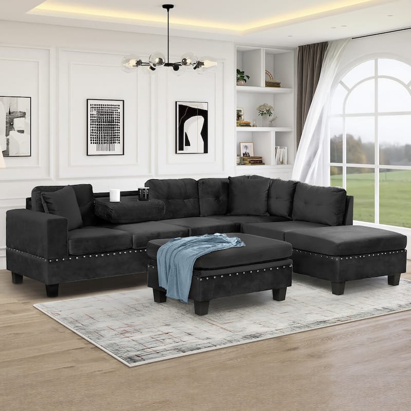 Roomfitters Sectional Sofa with Storage Ottoman, Reversible Chaise, Cup Holders and 2 Pillows for Living Room - Black