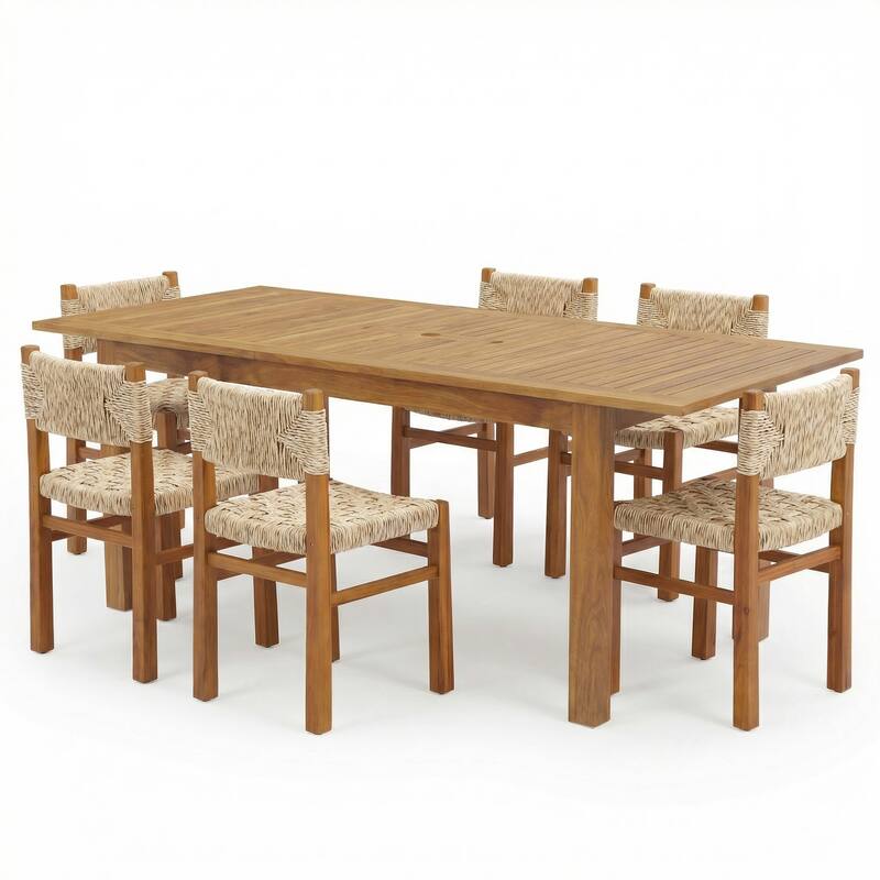 Christopher Knight Home - 7-Piece Acacia Wood Outdoor Dining Table Set with Wicker Dining Chairs and 79" Expandable Table