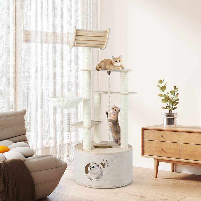 Natural Wooden Cat Tree Tower with Condo Hammock Perch and Scratching Posts 55 Inch Multi Level
