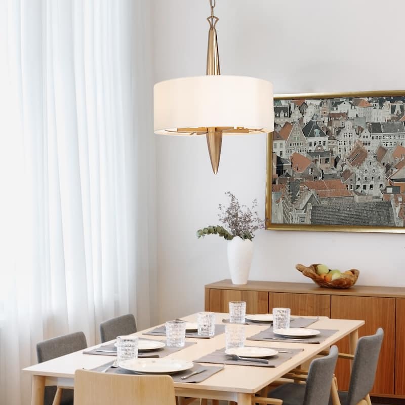 Mid-Century Modern 4-light Drum Brass Chandelier Fabric Shade Hanging Lights for Dining Room - D16" x H80"