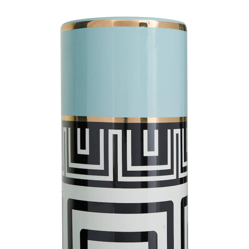 Teal Ceramic Vase Adorned with Greek Knot Pattern