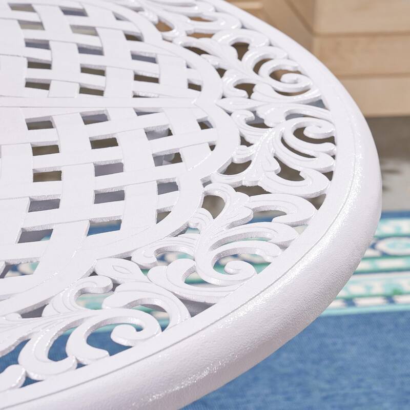Dieter 4-Person White Aluminum Patio Set - Round Dining Table with Lattice Scrollwork