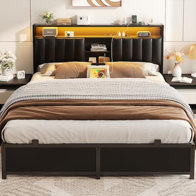 Upholstered Bed Frame with Storage Shelving, Platform Beds with Charge Station and LED Lights