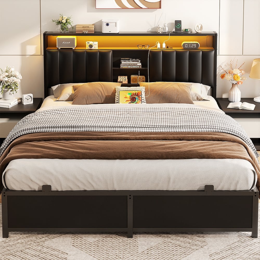 Upholstered Bed Frame with Storage Shelving, Platform Beds with Charge Station and LED Lights