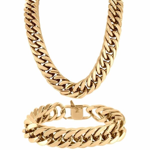 Rose Gold Tone Miami Cuban Heavy 30" Necklace 18mm Bracelet Stainless Steel