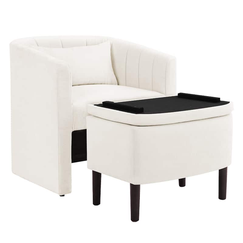 Upholstered Chenille Barrel Accent Chair With Storage Ottoman,Modern Barrel Arm Chair,Reading Chair With Ottoman For Living Room