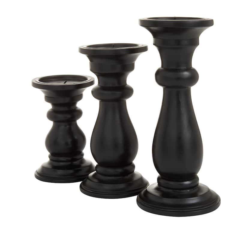 Mango Wood Turned Style Pillar Candle Holder (Set of 3) - Black, White or Gold - S/3 10", 8", 6"H
