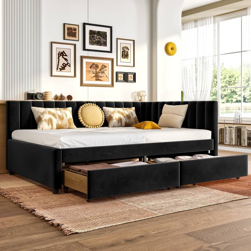Full Size Daybed with Storage Drawers Upholstered Corner Bed with L Shaped Headboard Velvet Daybed Frame