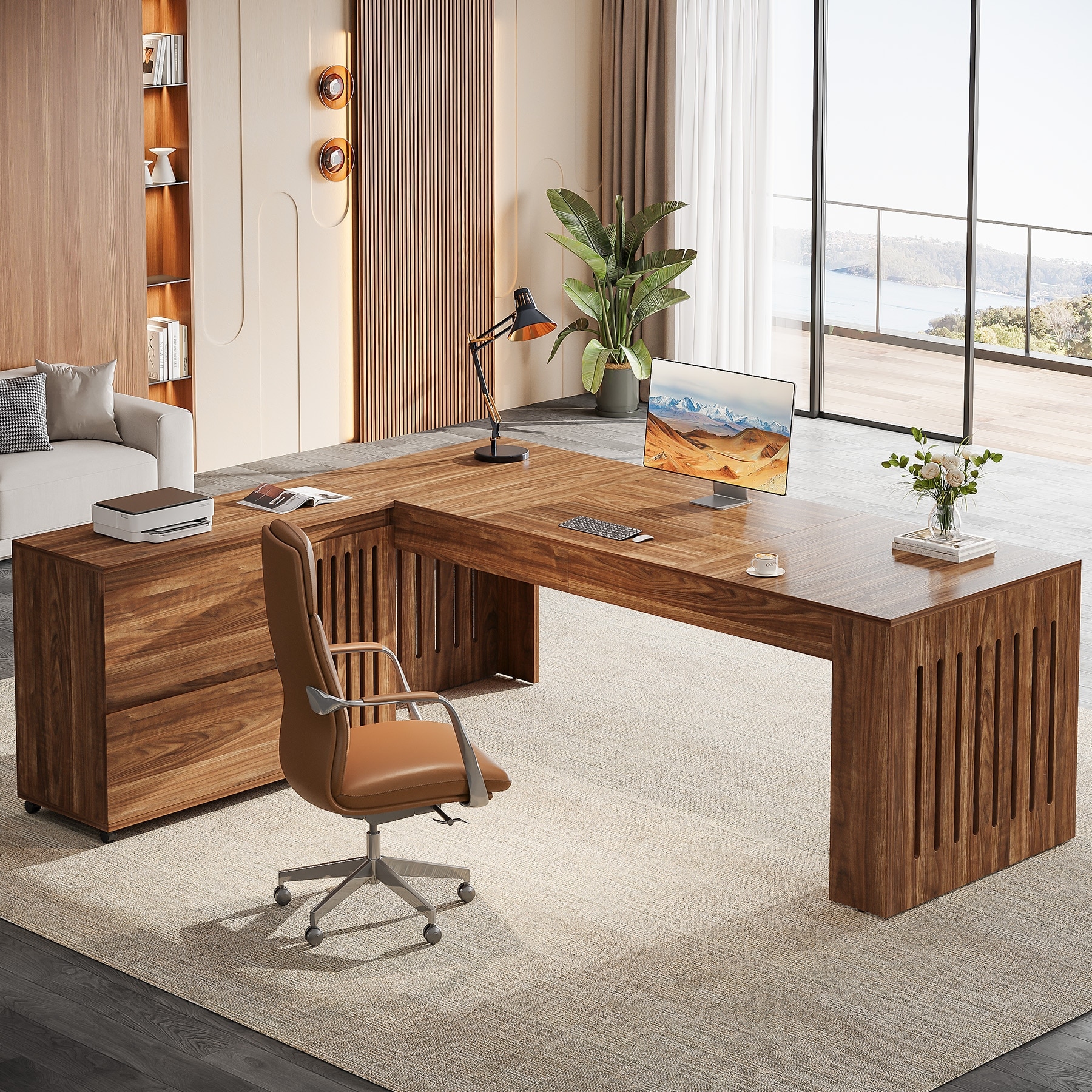 70.87" Executive Desk with Mobile File Cabinet, Large L-Shaped Computer Office Desk with Drawers, Business Workstation Set