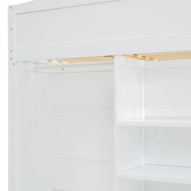 Modern Full Loft Bed with Built-in Desk, Storage Drawers, Shelves, and Open Closet for Optimal Organization