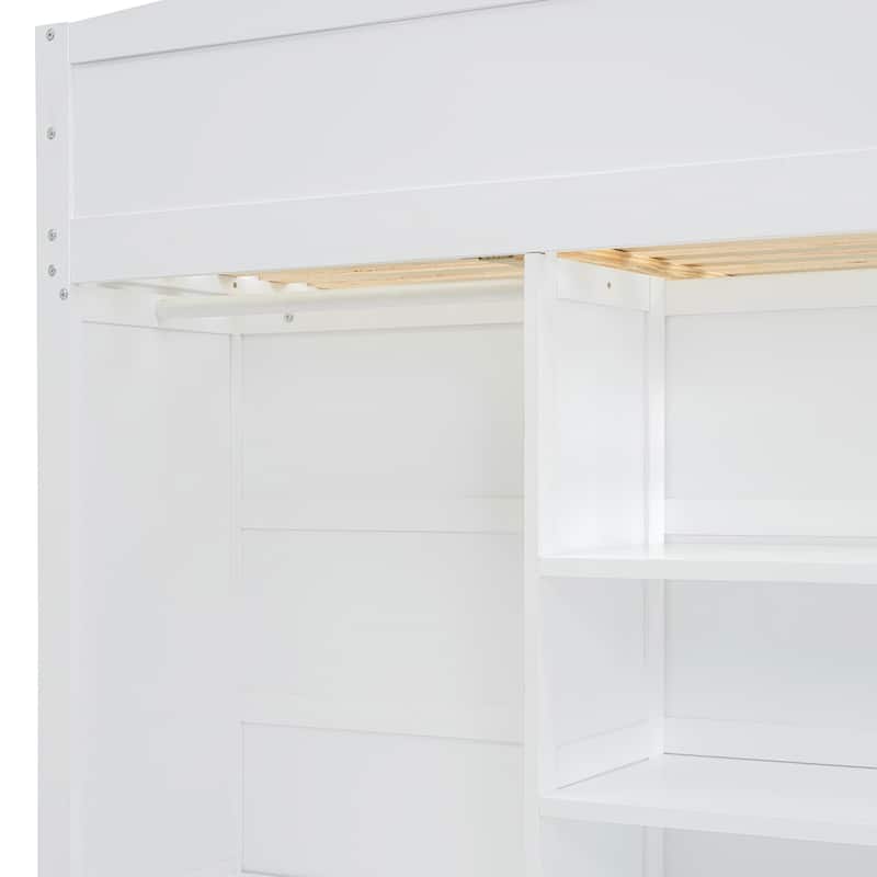 Solid Wood Loft Bed with Desk, Wardrobes, 4 Drawers and 4 Shelves for Kids, Bedroom