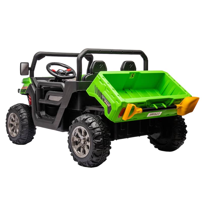 Realistic Children's Engineering Vehicle, Green Electric Dump Truck with Extra Shovel, Electric Vehicle with Double Doors
