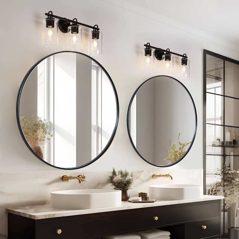 Modern Farmhouse 3-Light Black Bathroom Vanity Light Cylinder Glass Wall Sconce - L 22" x W 7.1" x H 9.6"