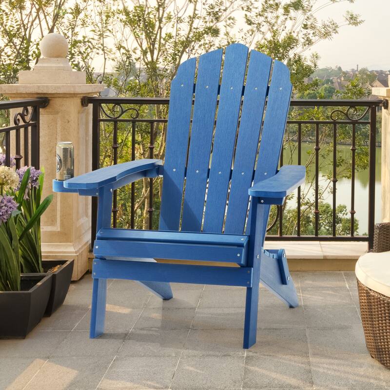 LIVOOSUN Outdoor Folding Adirondack Chair w/Cup Holder,Fire Pit Chairs - Navy Blue