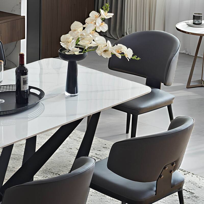 Modern Rectangular Sintered Stone Dining Table - Unique Natural Texture Tabletop with Black Metal Base