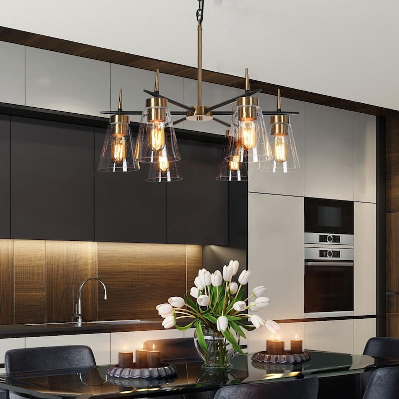Aditi Mid-century Modern 6-Light Wheel Round Black Gold Bedroom Chandelier for Dining Room with Seeded Glass - D 23.6"* H 18.1"