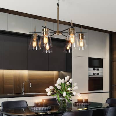 Aditi Mid-century Modern 6-Light Wheel Round Black Gold Bedroom Chandelier for Dining Room with Seeded Glass - D 23.6"* H 18.1"