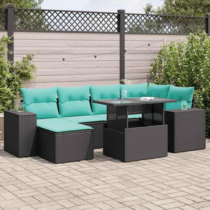 vidaXL Patio Sofa Set with Cushions Table and Couches 7 Piece Poly Rattan - Black with storage - 21.7" x 24.4" x 27.2"
