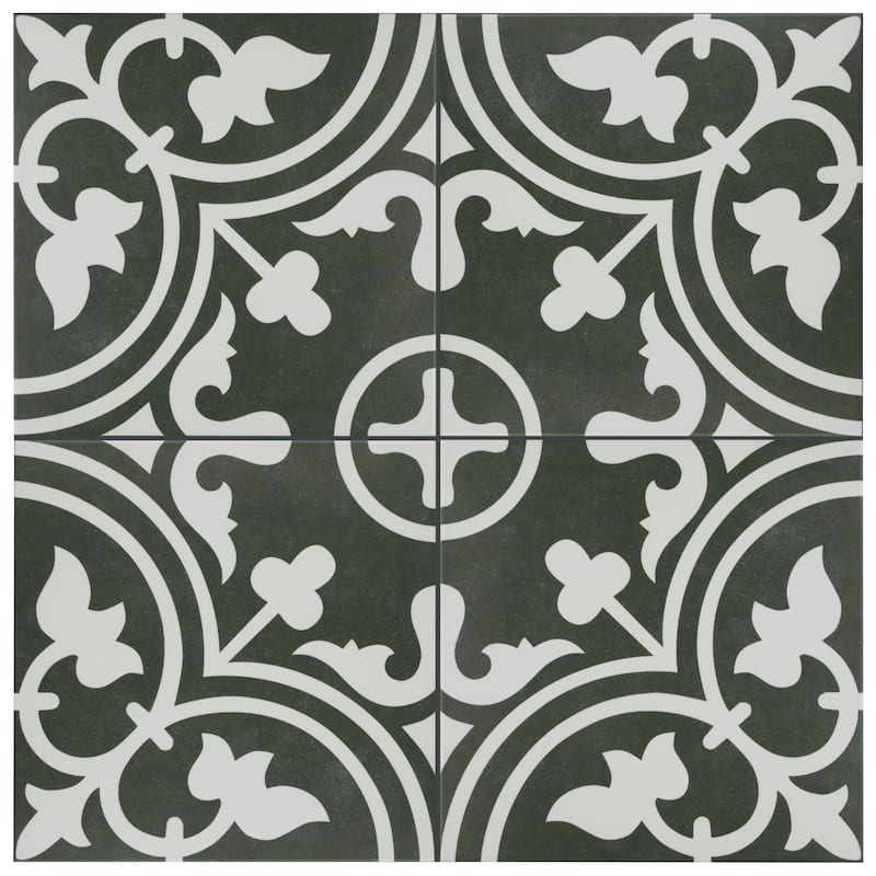 Merola Tile Arte Black Encaustic 9.75" x 9.75" Porcelain Floor and Wall Tile