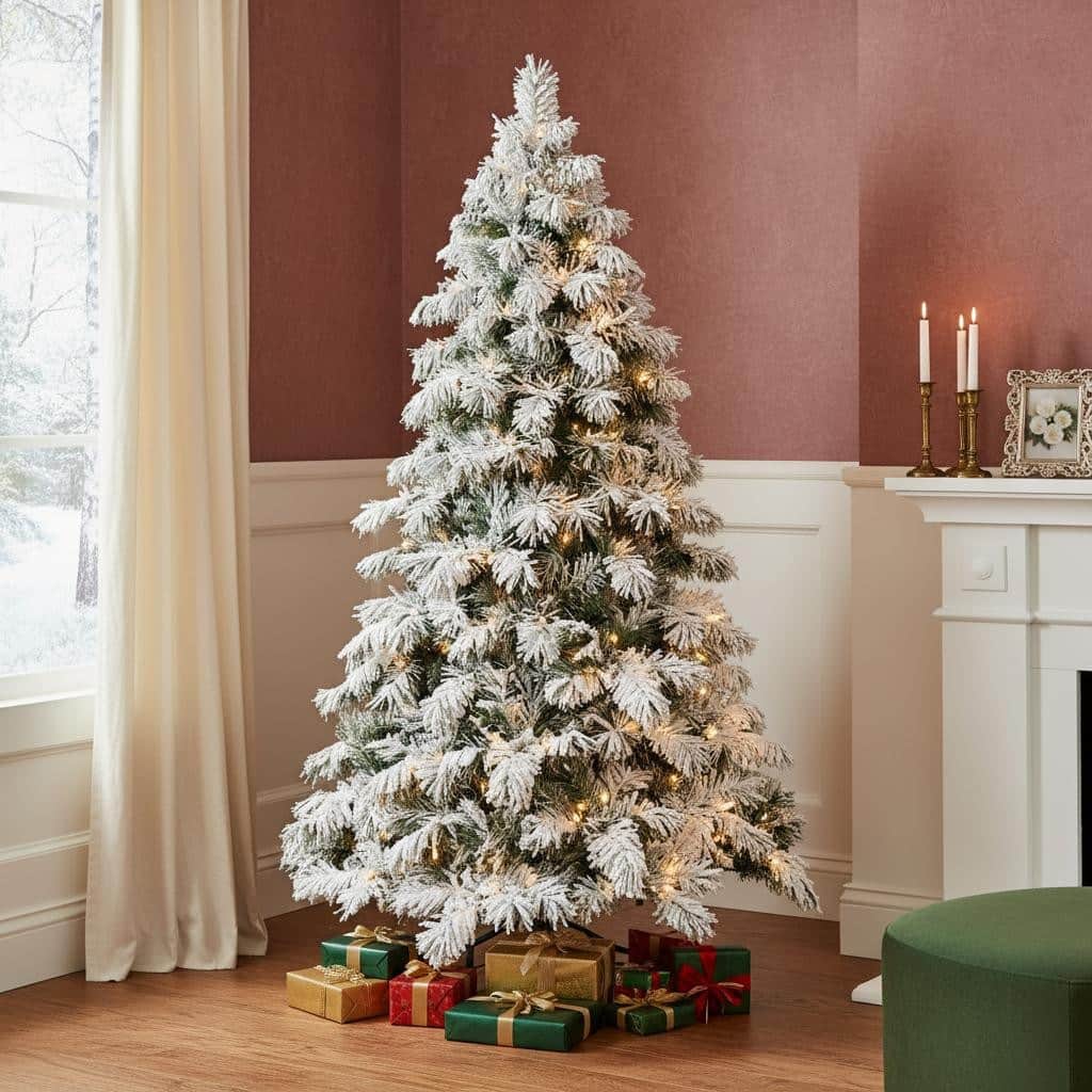 HomeRoots 7' Pre Lit Full Flocked Pine Christmas Tree - Green - 52.00 in. x 84.00 in. x 52.00 in.