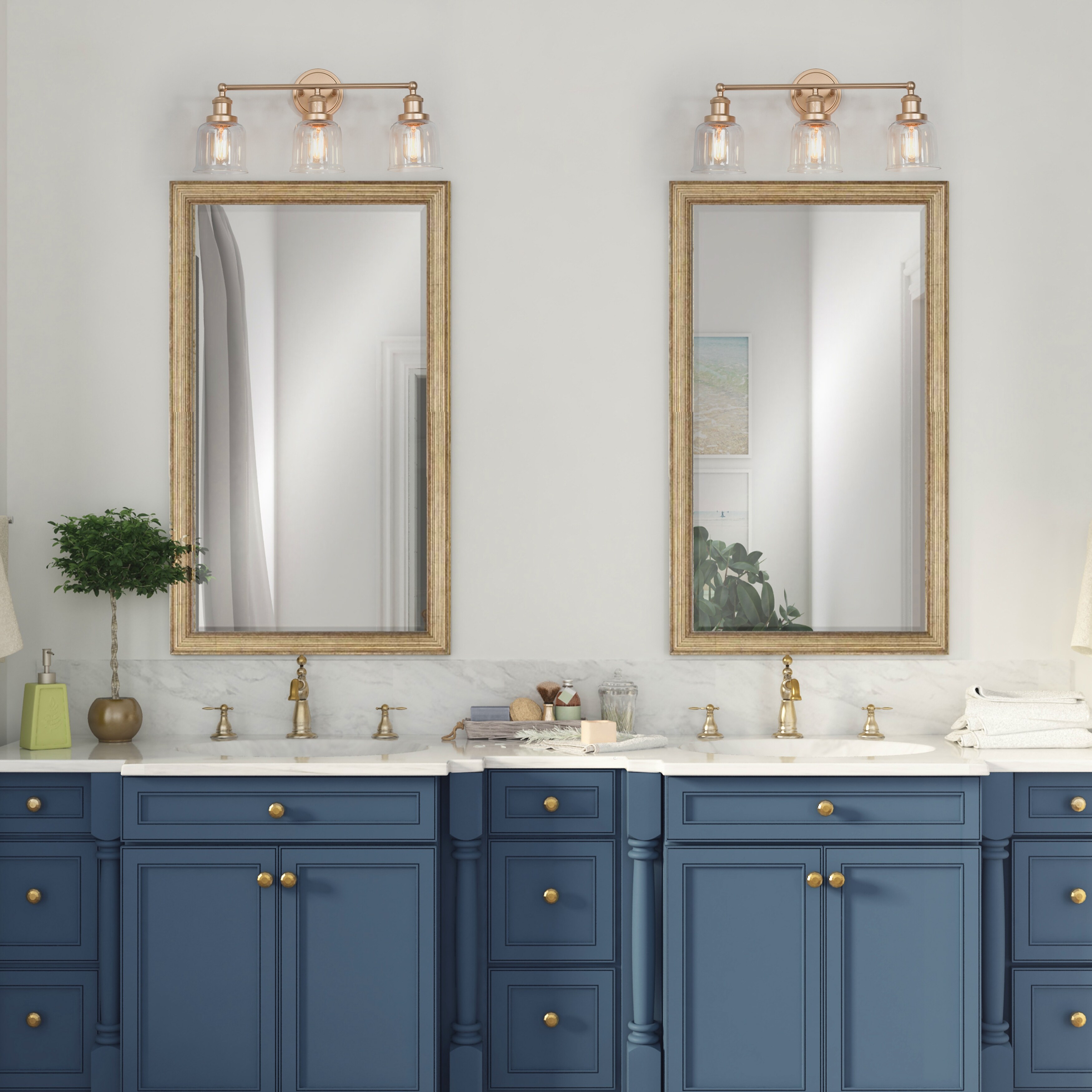 Cionar Modern Farmhouse Gold 3 Light Dimmable Linear Bathroom Vanity Lights with Clear Bell Glass for Powder Room On Sale Bed Bath Beyond 33234247
