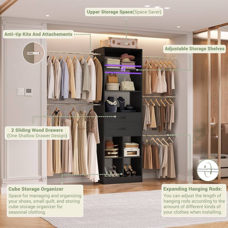 66''-100'' Walk-in Closet Organizer with 5 Hanging Rods and 2 Wooden Drawers，4-8FT Sturdy Closet System with Storage Shelves