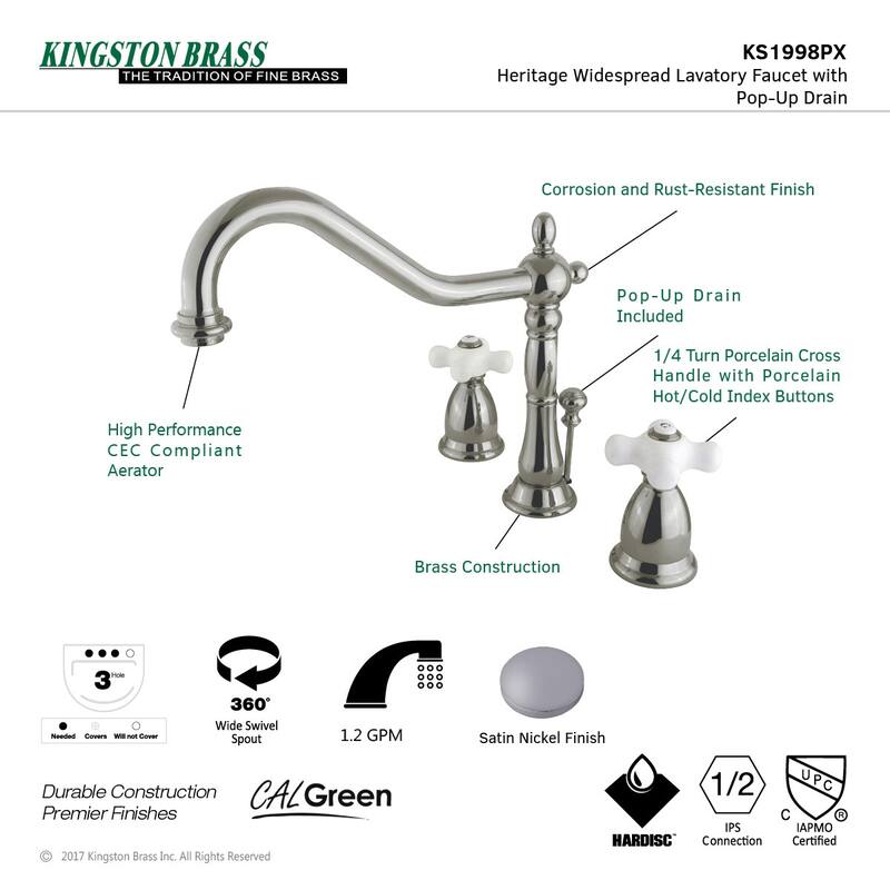 Kingston Brass Heritage Widespread Bathroom Faucet with Brass Pop-Up