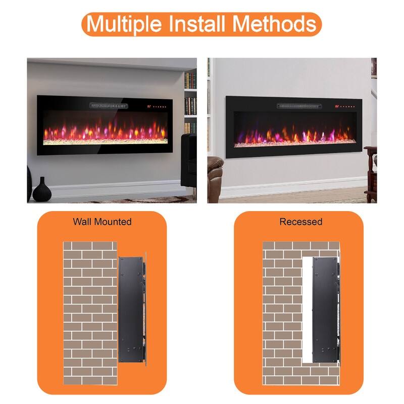 41.3/50/60 in. Wall Mount Recessed Electric Fireplaces in Black, Tempered Glass, Flame Effect, Multi-Color, Remote,1400-1500W