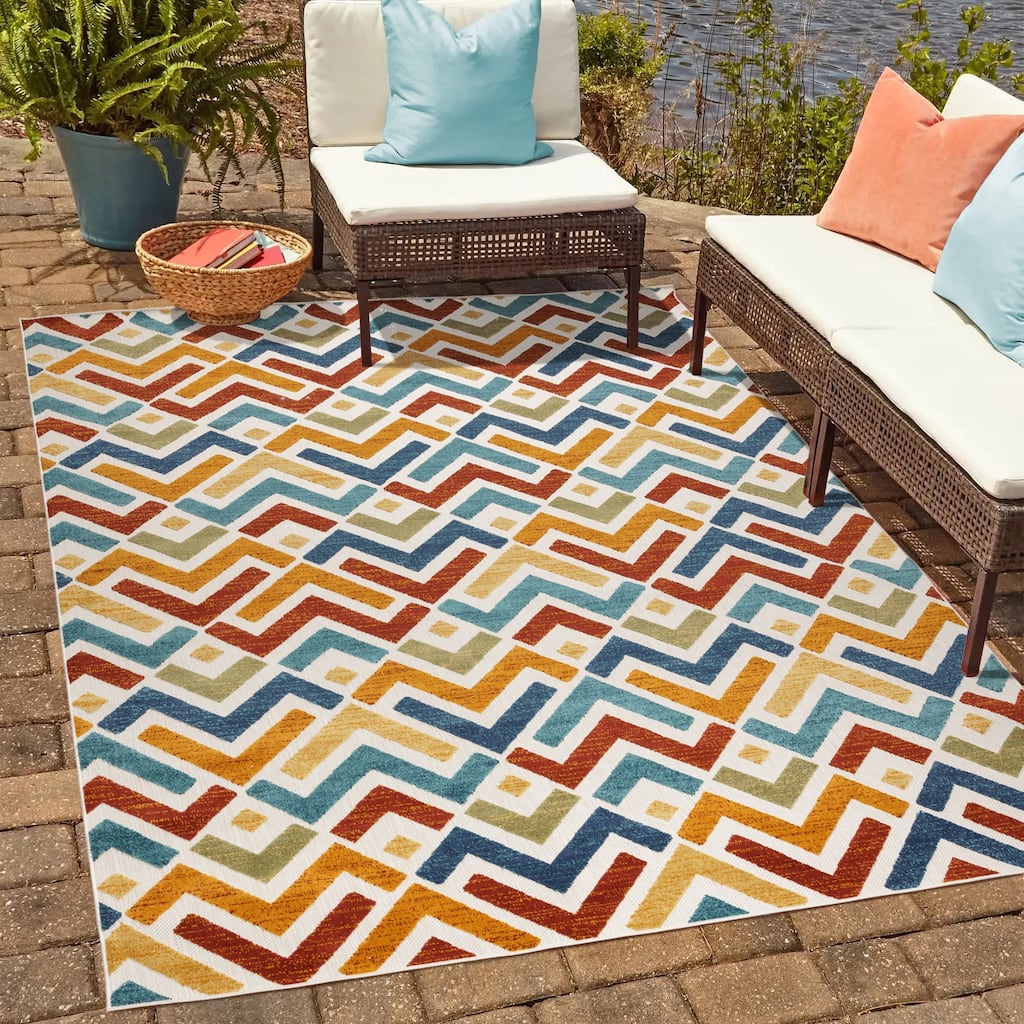 Gertmenian Kalari Modern Bold Multicolored High-Low UV Protected Polypropylene Woven Indoor/ Outdoor Area Rug Collection