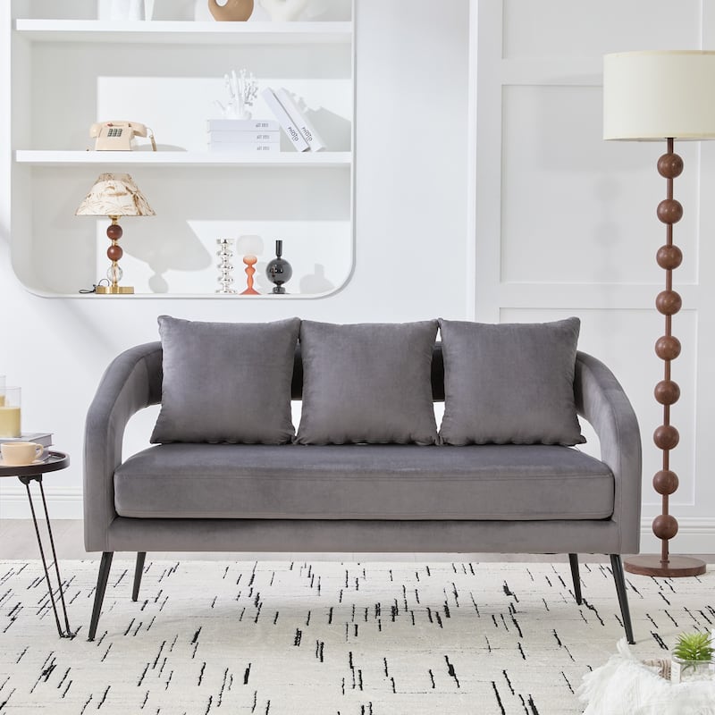 53.7 inch Modern Velvet Open Back Loveseat 3 Pillows 2 Seater Metal Legs Charcoal Small Space