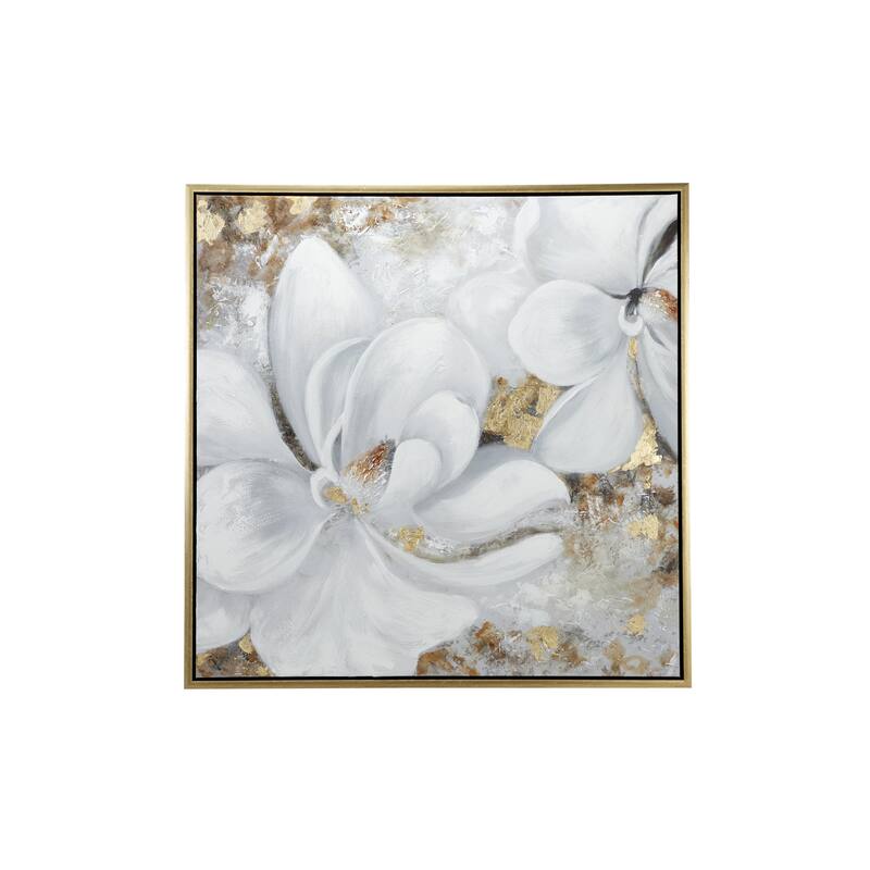 Canvas Floral Handmade Living Room Framed Wall Art with Gold Frame - White - Roche River Decor