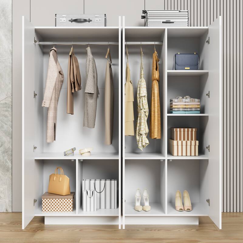 63"W Family 4-Door Wardrobe Armoire Closet Storage LED Light High Gloss - N/A