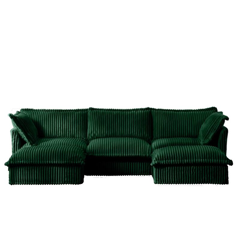 Modern 3 Seater Upholstered Sofa with 2 Ottomans and 2 Pillows - Green