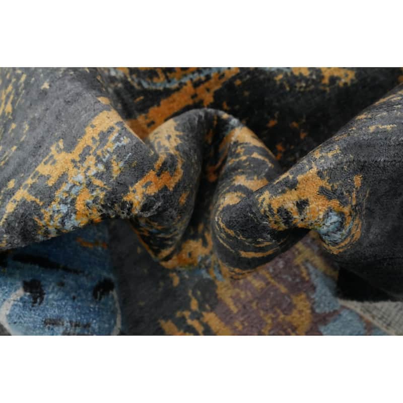 Hand Knotted Oriental Viscose Silk Carpet Modern Pictorial Navy Blue & Blues Abstract Area Rug - 8' 0'' X 5' 0''