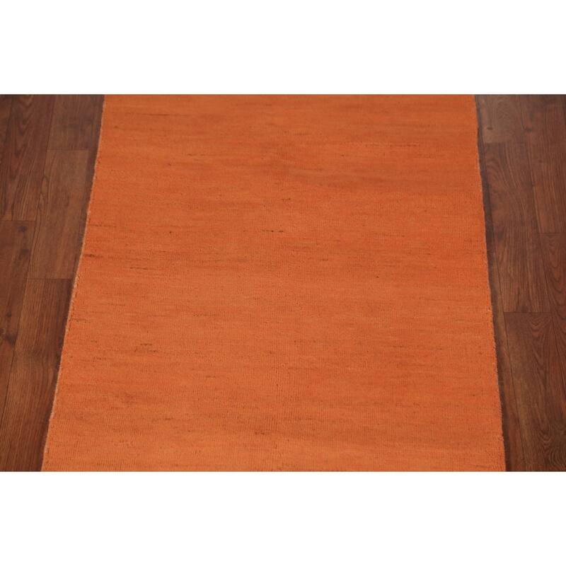 Orange Modern Gabbeh Runner Rug Hand-Knotted Solid Wool Carpet - 2'6" x 9'8"