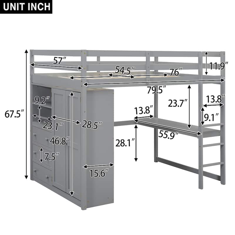 Wood Full Size Loft Bed w/Built-in Wardrobe, Desk, Storage Shelves