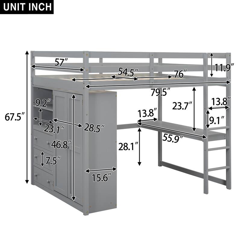 Wood Full Size Loft Bed with Built-in Wardrobe, Desk, Storage Shelves and Drawers, White