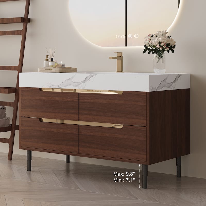 GDFStudio - Luxury 35.4" Versatile Floating/Freestanding Sintered Stone Bathroom Vanity with Ceramic Sink & Soft-Close Drawers - Walnut,White