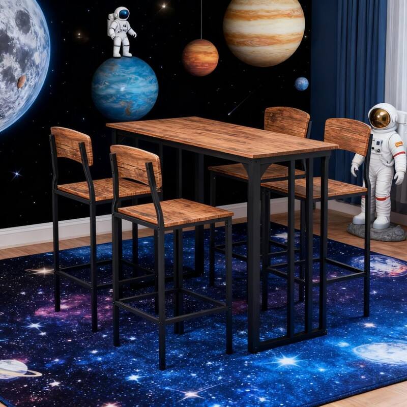 Black Walnut Counter Height Bar Table with Metal Legs, Industrial Bar Chaira Dining Chairs with Metal Legs