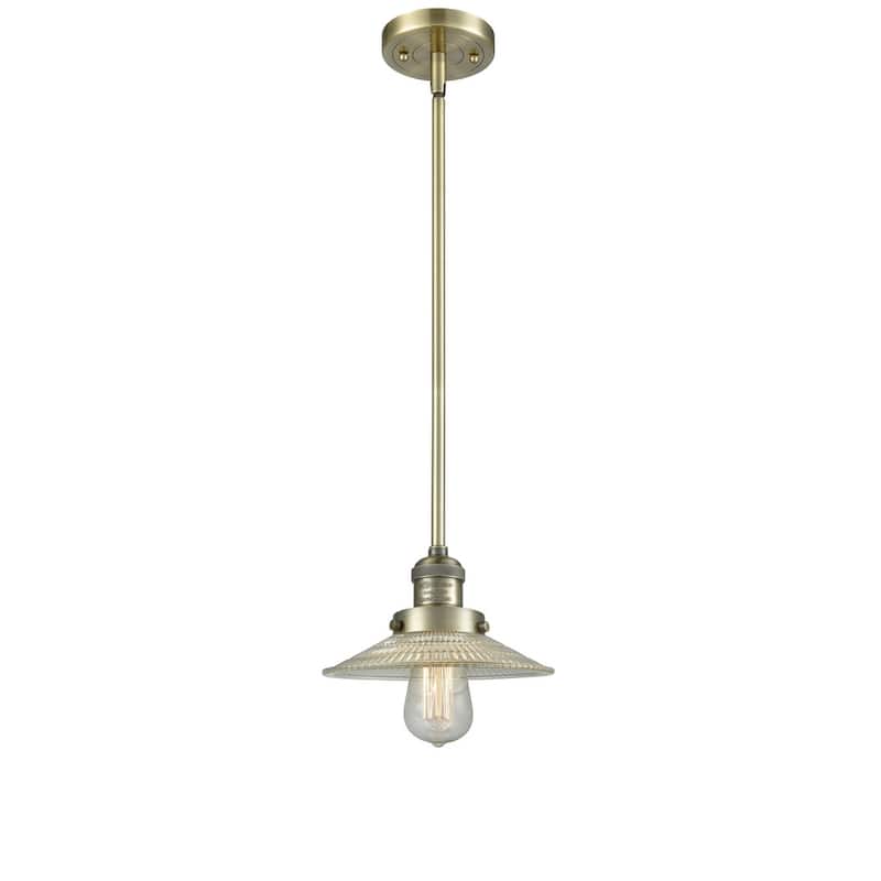 Innovations Lighting Halophane 9" Wide Mini Pendant - Downrod - Antique Copper / Matte White Halophane