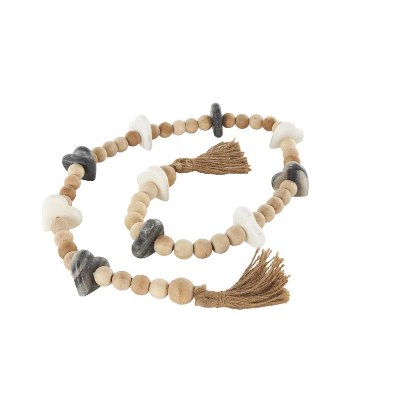 Brown Mango Wood Handmade Round Double Layered Long Carved Beaded Garland with Tassel with Black and Cream Accents