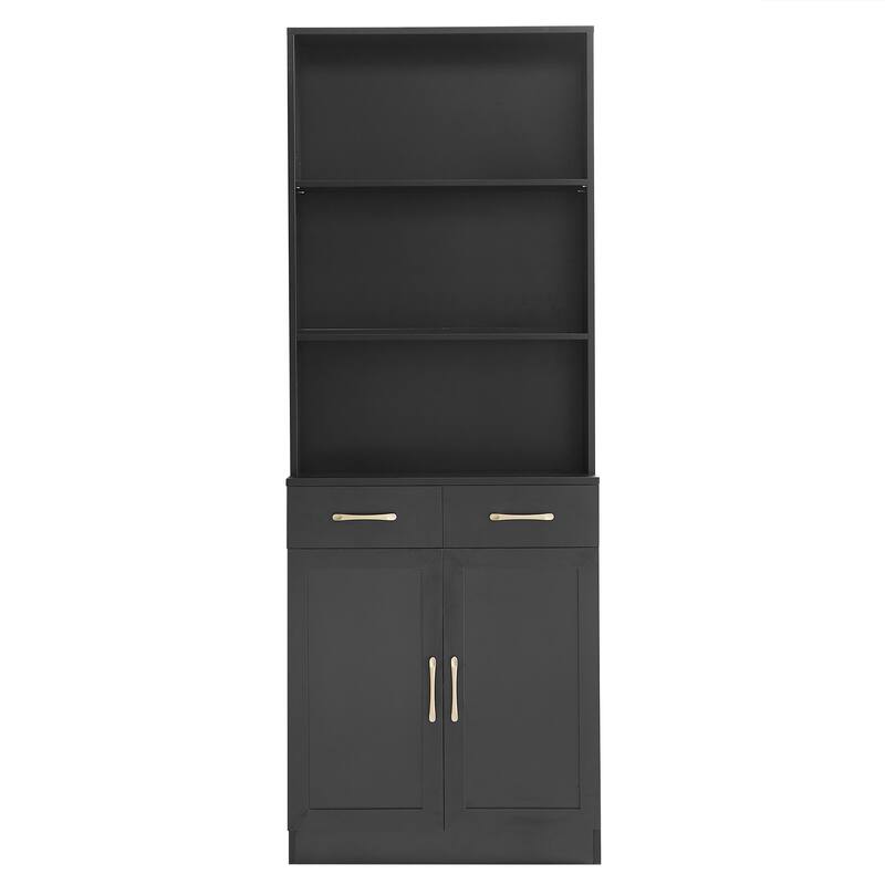 Bookshelf with Two Doors and Drawers, Adjustable Shelf, Three-layer Open Shelf