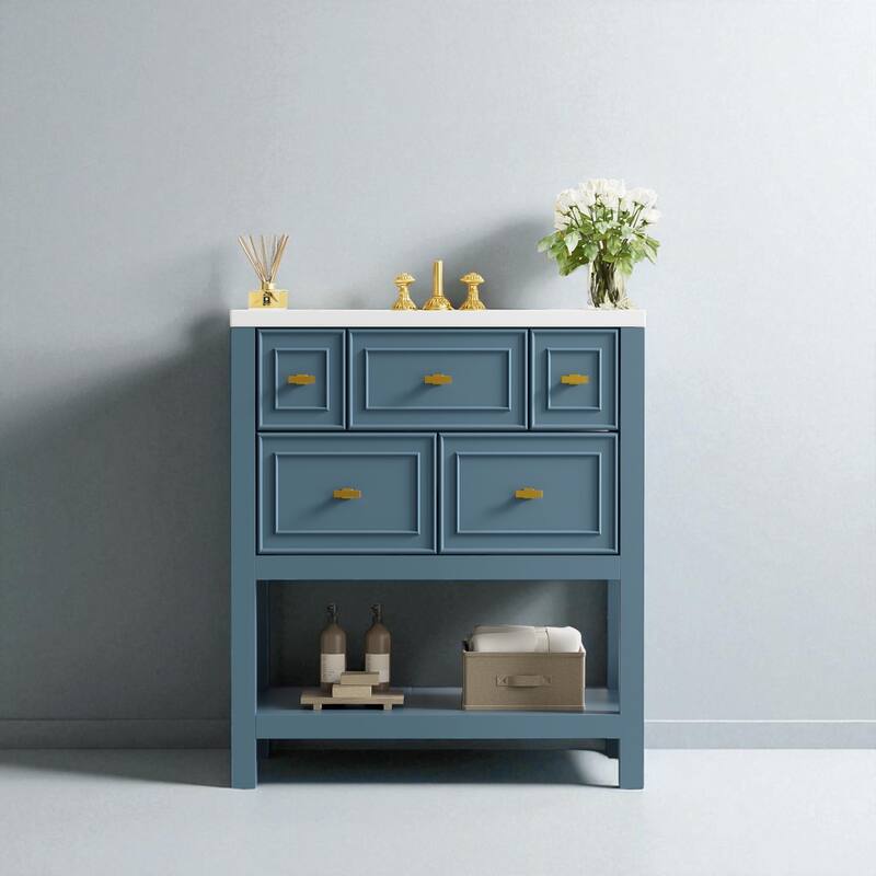 30" Freestanding Bathroom Vanity with Ceramic Sink, 5 Drawers, Solid Wood Frame, Blue and Gold Finish, Storage Cabinet - Blue