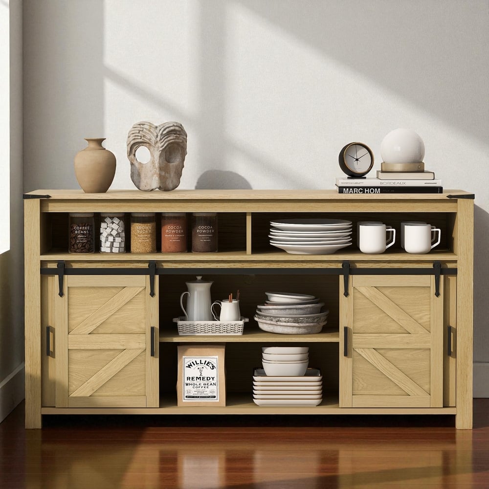 59.3" Farmhouse Sideboard with Sliding Barn Doors & Mesh Panels, Buffet Cabinet with Open Storage for Kitchen or Living Room