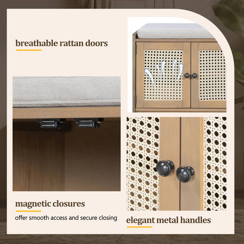 Rustic Storage Bench with Removable Cushion and Woven Rattan Doors