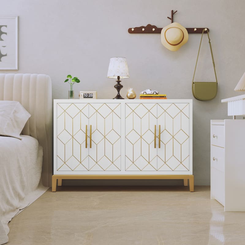 4 Doors Sideboard Buffet Cabinet with Gold Trim - White