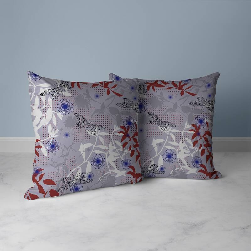 Butterfly Floral Orbit Faux Suede Reversible Throw Pillow Red and Blue
