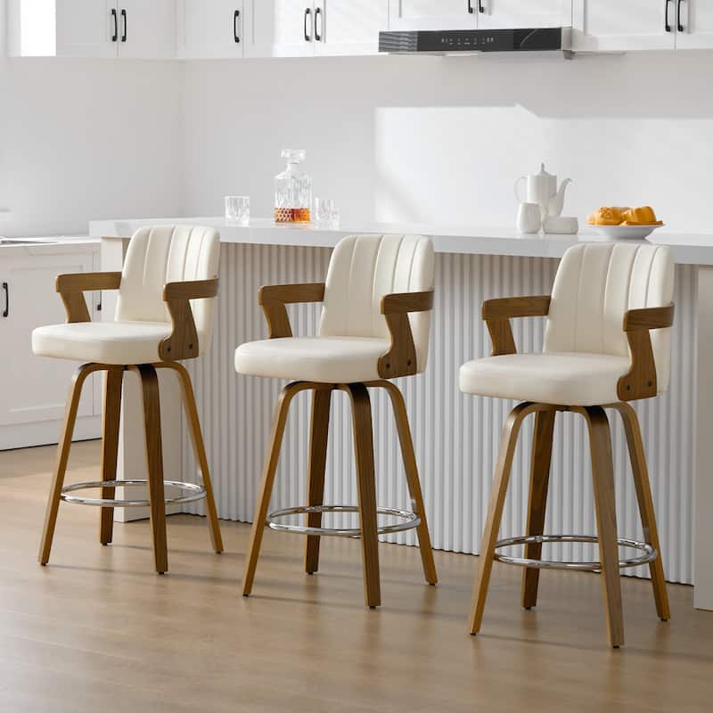 Upholstered Swivel Barstool with Arms and Bentwood Legs - 40.8"H x 18.9"W x 19.5"D/19.3"D