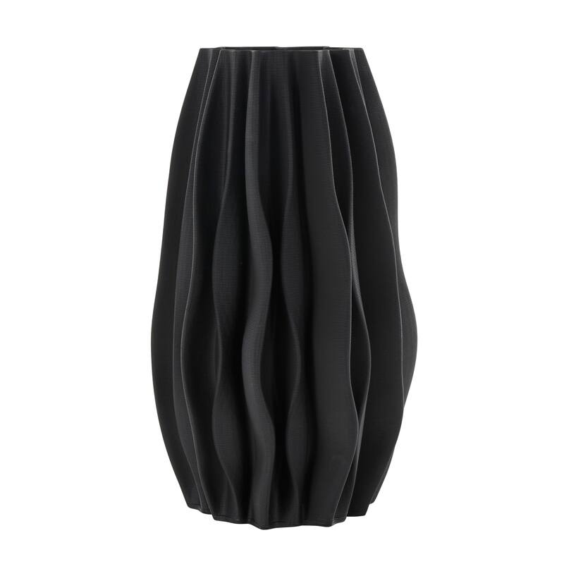 Black Ceramic Dimensional Wavy Ribbed Abstract Vase with Floral Shaped Rim
